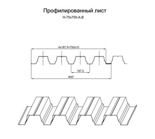 Продольно гнутый профнастил для укрытий конвейеров Н75ПГ-800, 0,8, в полимерном покрытии