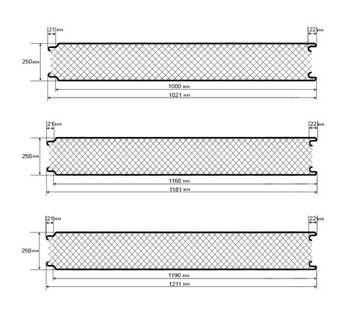 Сэндвич панели акустические стеновые с минеральной ватой, ширина 1000 мм, толщина 250 мм, 0.5/0.5, RAL2004